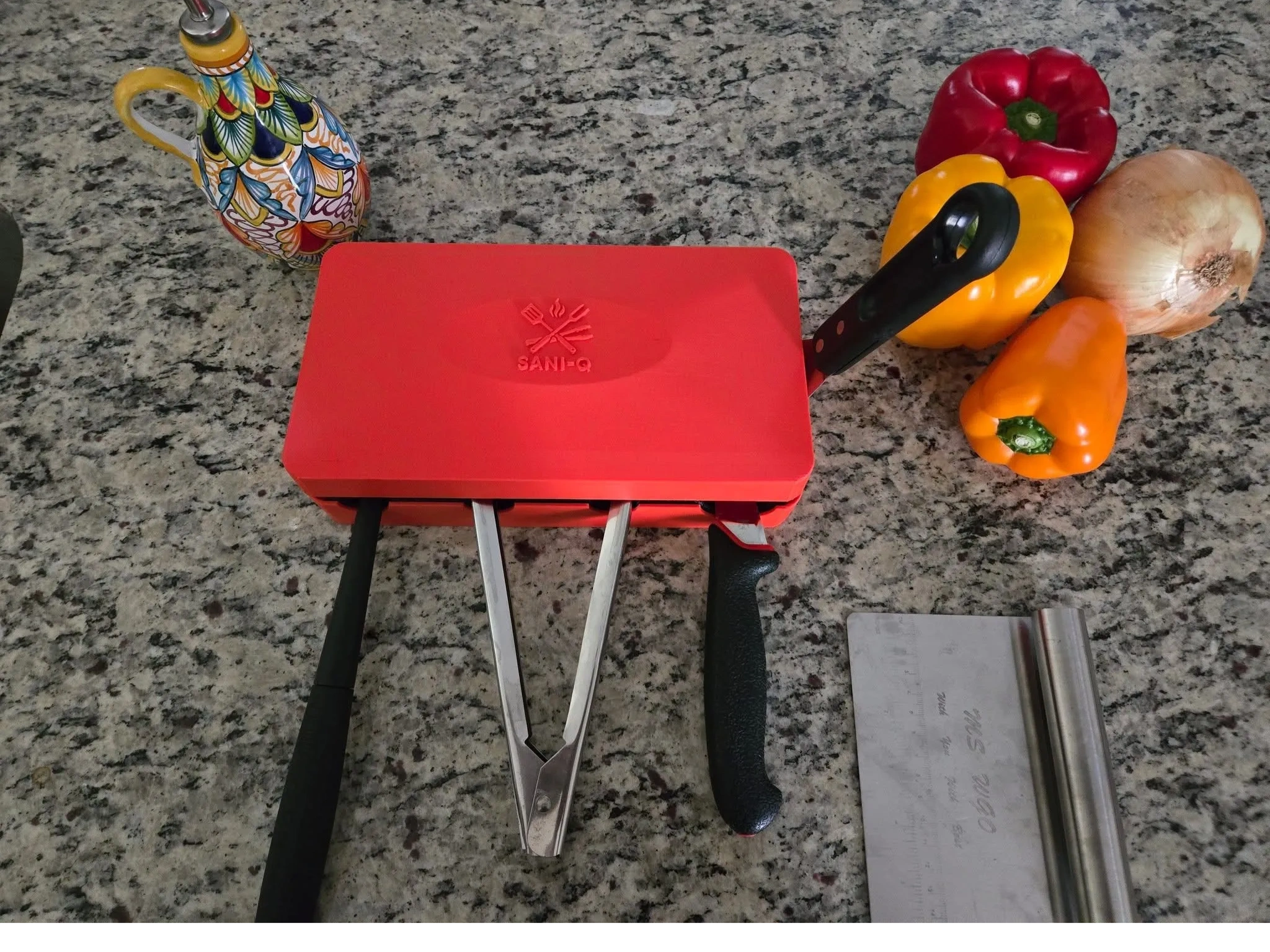 Flat lay kitchen items with cutting board